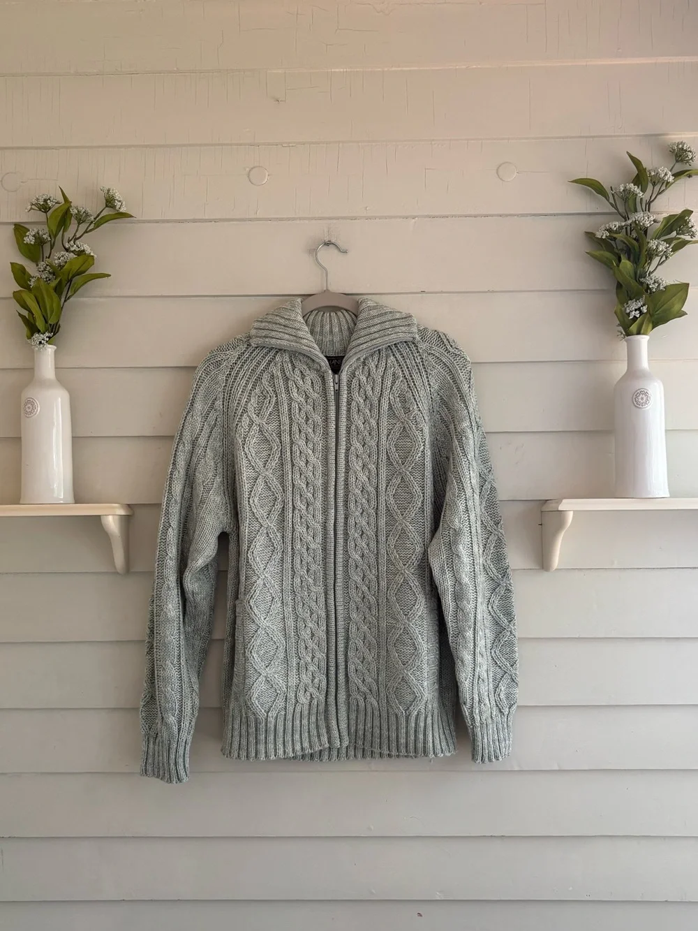 Thane Vintage Chunky Cable Knit Full Zip Sweater Mint Heather Men’s Size Large